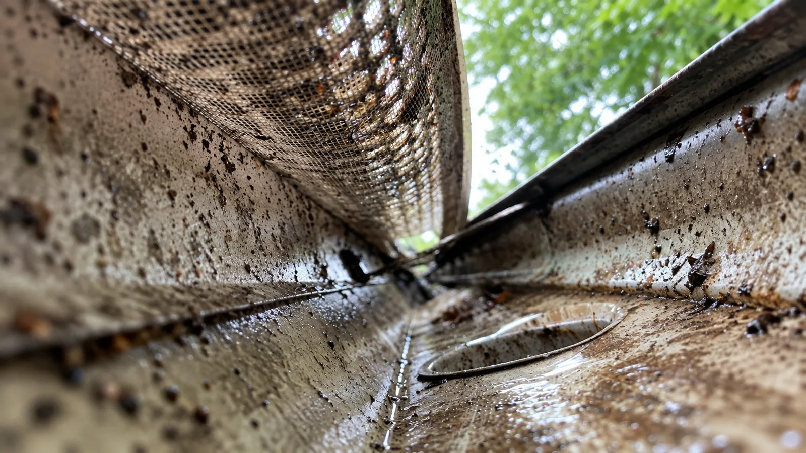 Close view inside a gutter lined with debris