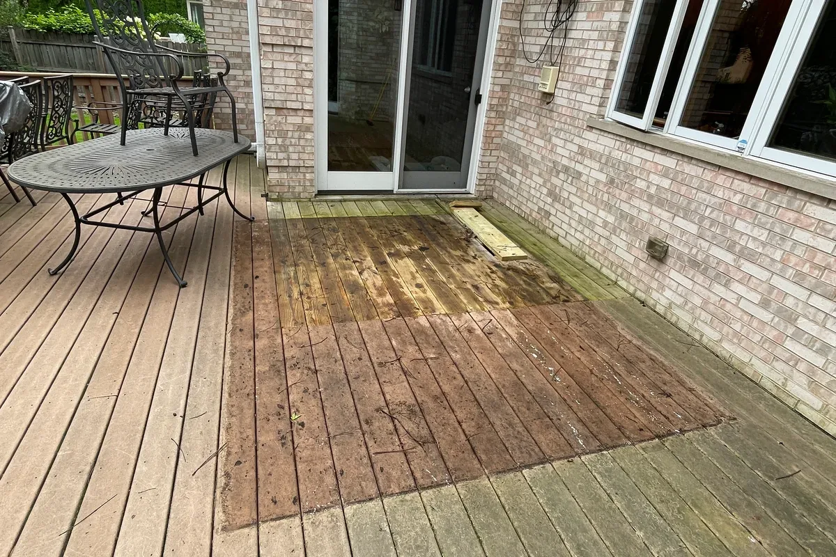 Weathered wood deck before power washing in Prospect Heights, IL
