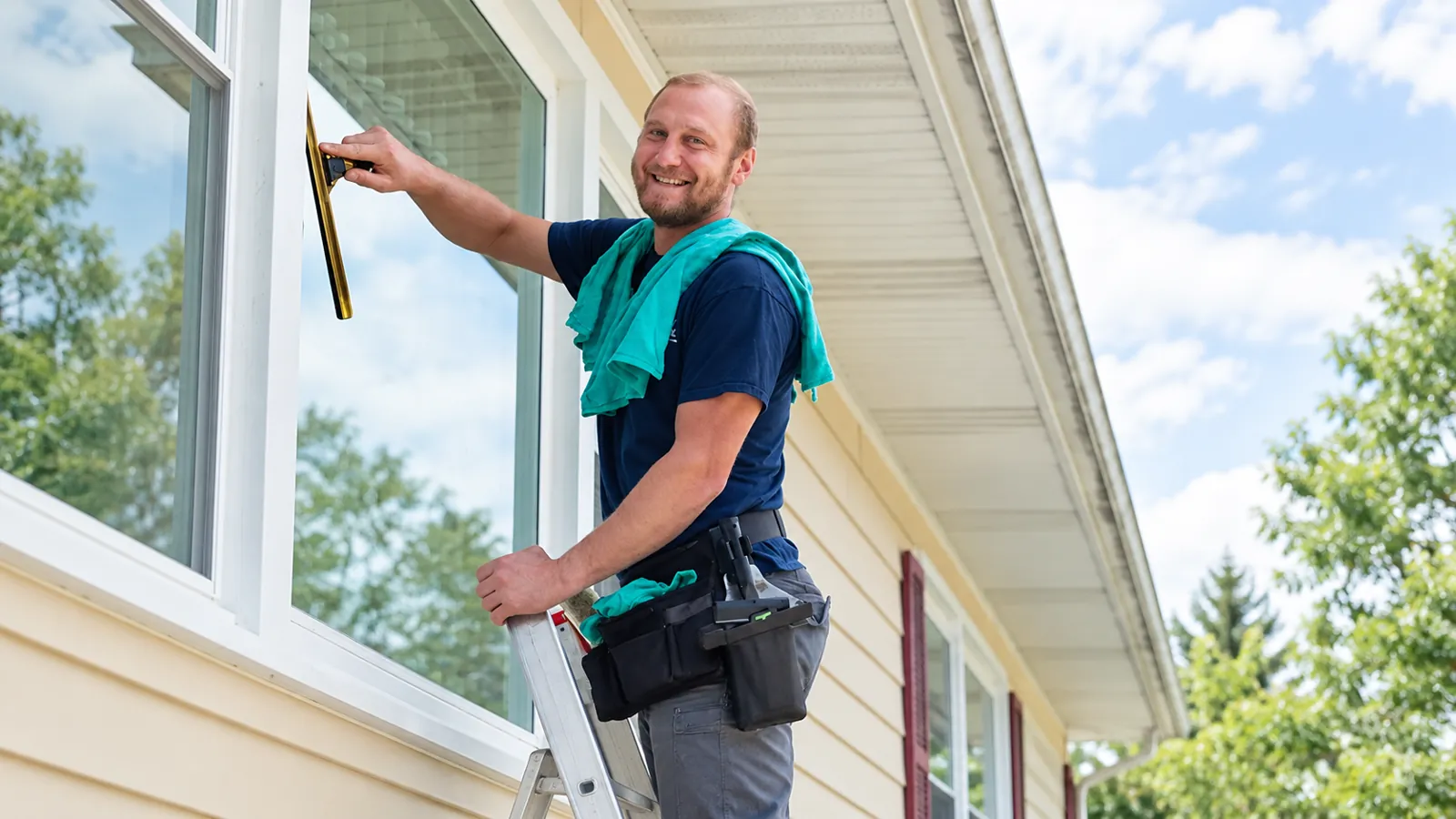 Window washer on a ladder squeegeeing a second-story window